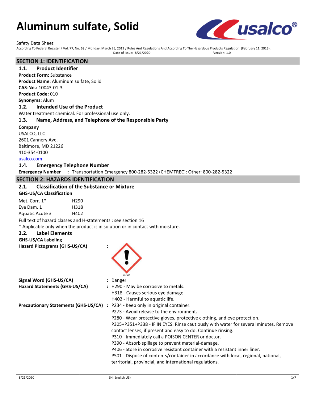 Aluminum Sulfate, Solid