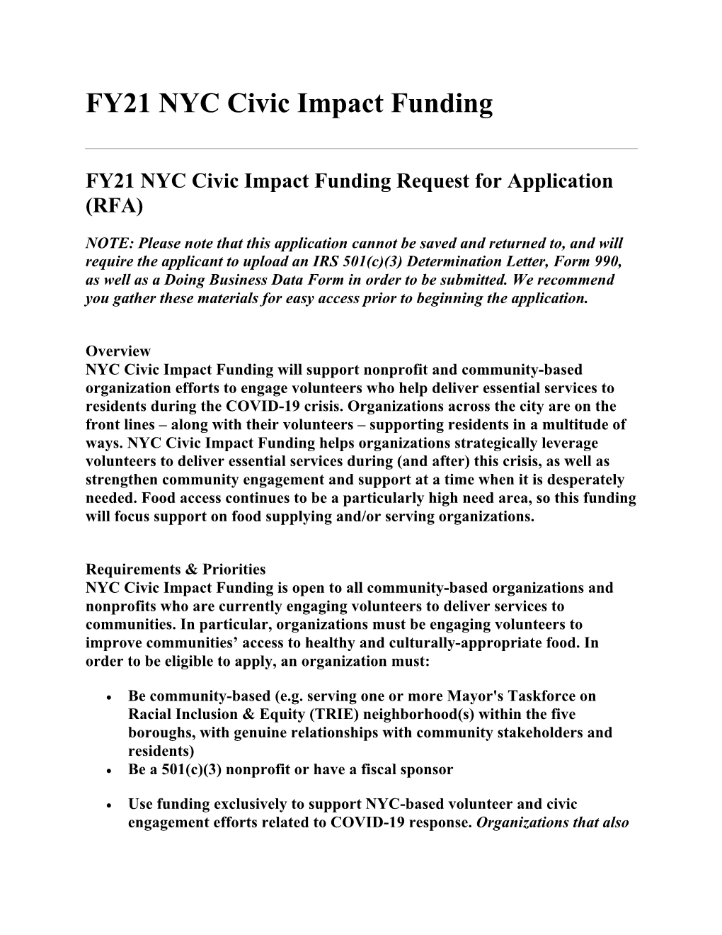 FY21 NYC Civic Impact Funding