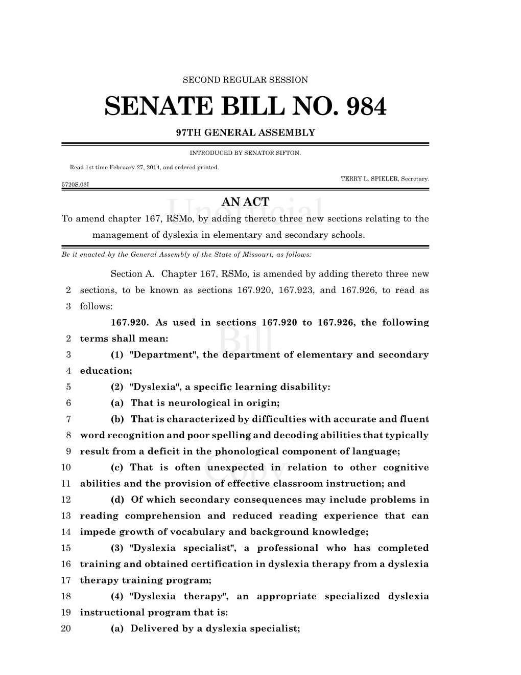 Senate Bill No. 984 97Th General Assembly