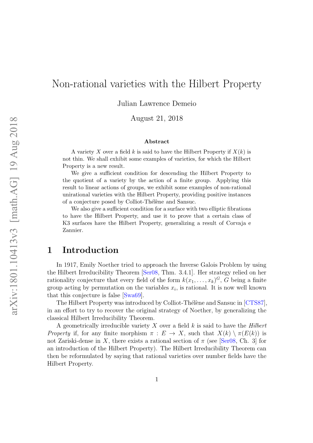 19 Aug 2018 Non-Rational Varieties with the Hilbert Property