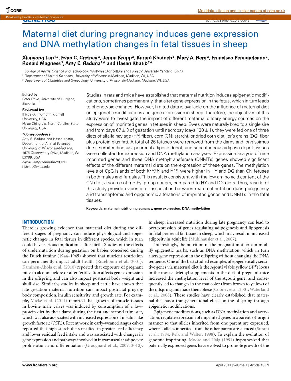 Maternal Diet During Pregnancy Induces Gene Expression and DNA Methylation Changes in Fetal Tissues in Sheep