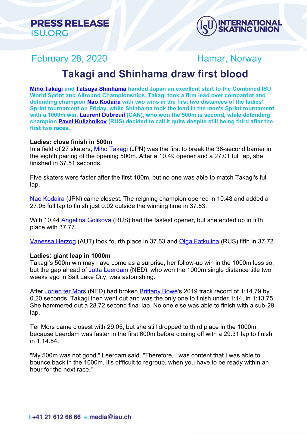 February 28, 2020 Hamar, Norway Takagi and Shinhama Draw First Blood