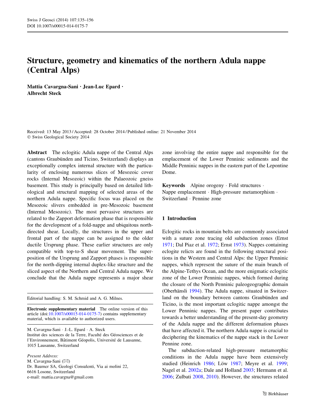 Structure, Geometry and Kinematics of the Northern Adula Nappe (Central Alps)