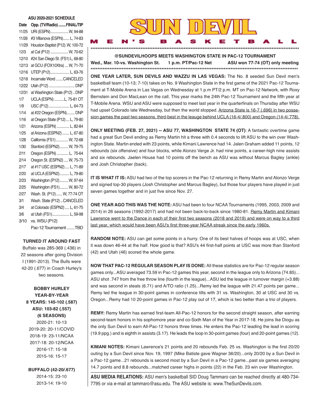 ASU Men's Basketball SID Doug Tammaro Can Be Reached Directly at 480-734- 2013-14: 19-10 7795 Or Via E-Mail at Tammaro@Asu.Edu