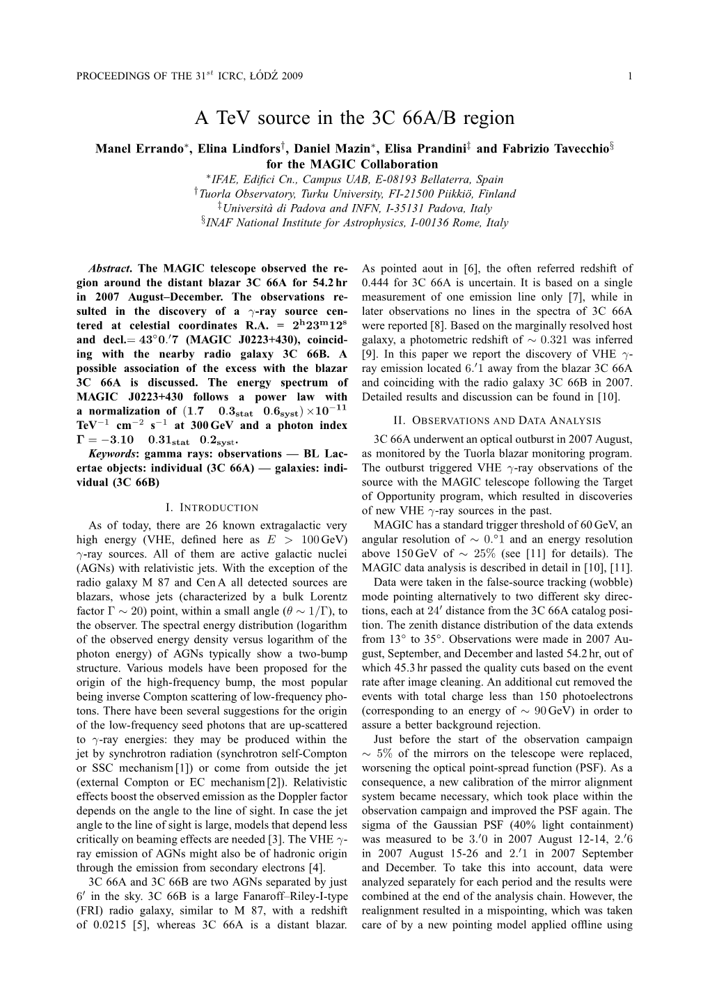 A Tev Source in the 3C 66A/B Region