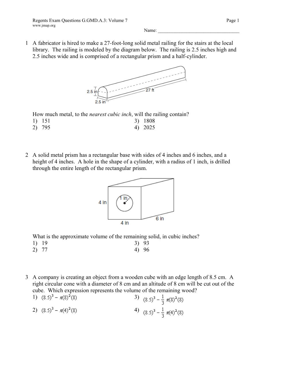 Regents Exam Questions G.GMD.A.3: Volume 7 Page 1