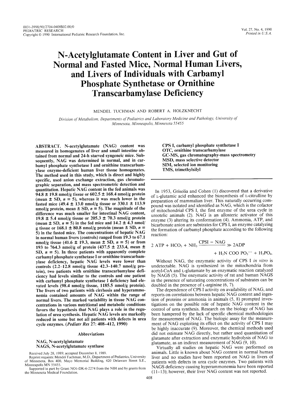 N-Acetylglutamate Content in Liver and Gut of Normal and Fasted Mice, Normal Human Livers, and Livers of Individuals with Carbam