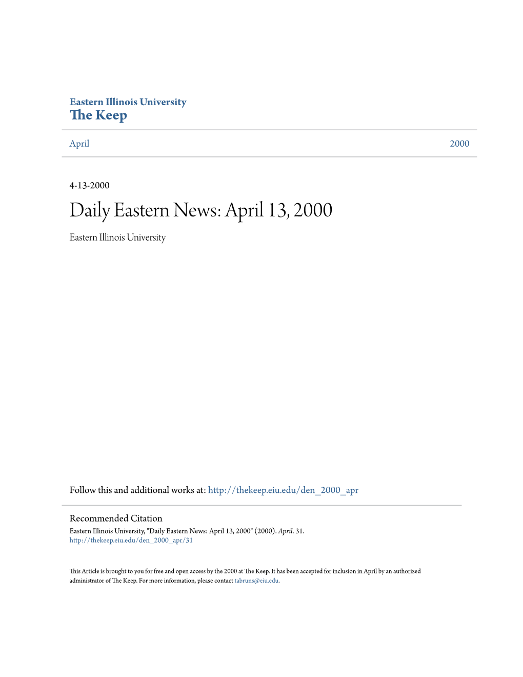 Daily Eastern News: April 13, 2000 Eastern Illinois University