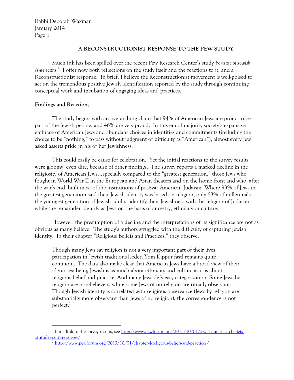 Rabbi Deborah Waxman January 2014 Page 1 A