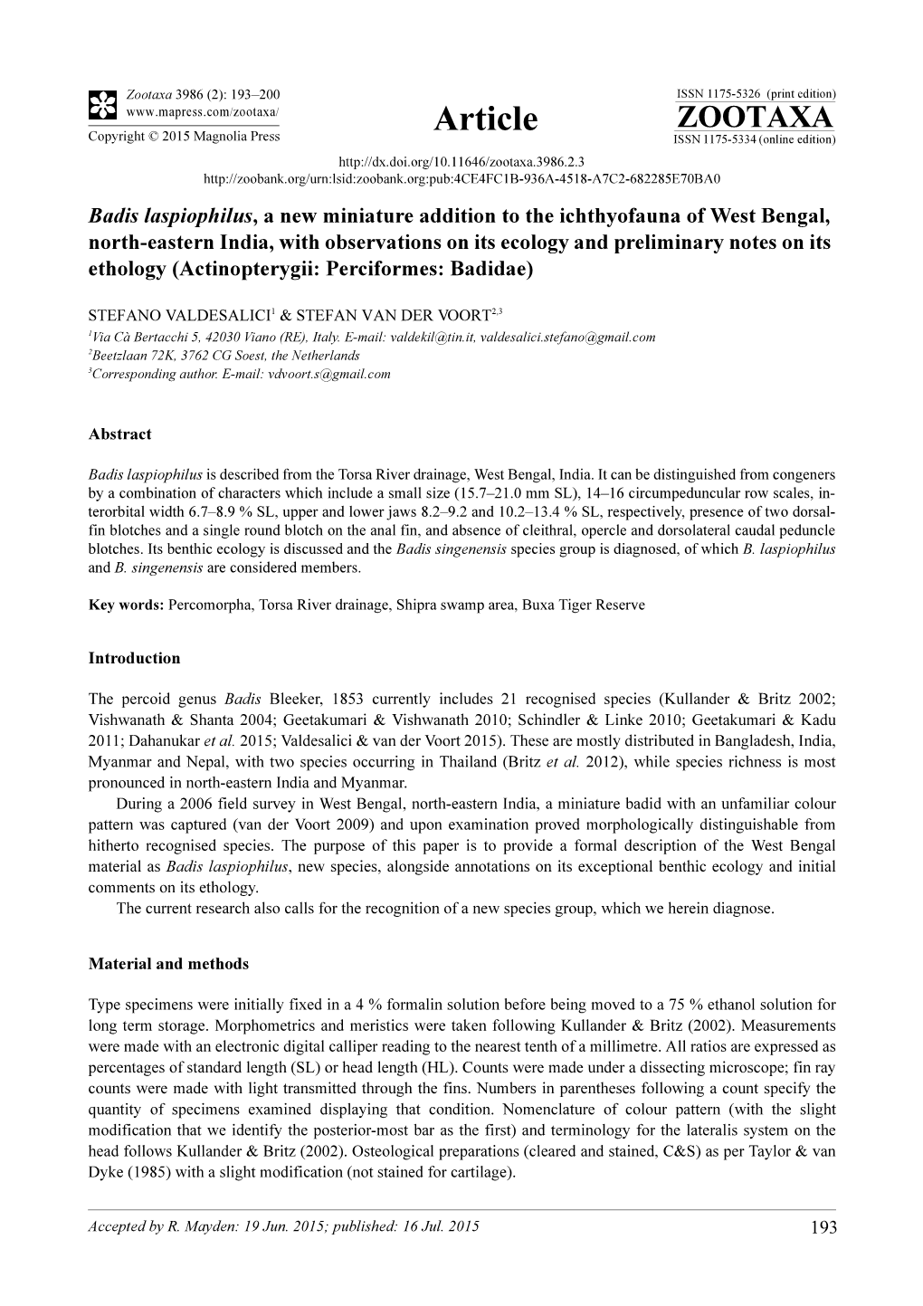 Badis Laspiophilus, a New Miniature Addition to the Ichthyofauna of West Bengal, North-Eastern India, with Observations on Its E