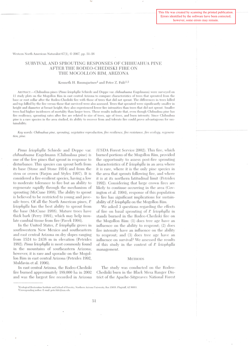 Survival and Sprouting Responses of Chihuahua Pine After the Rodeo-Chediski Fire on the Mogollon Rim, Arizona