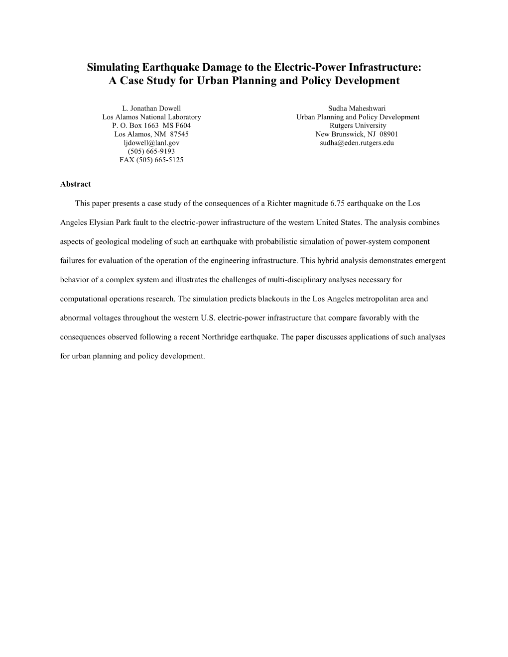 Simulating Earthquake Damage to the Electric-Power Infrastructure: a Case Study for Urban Planning and Policy Development