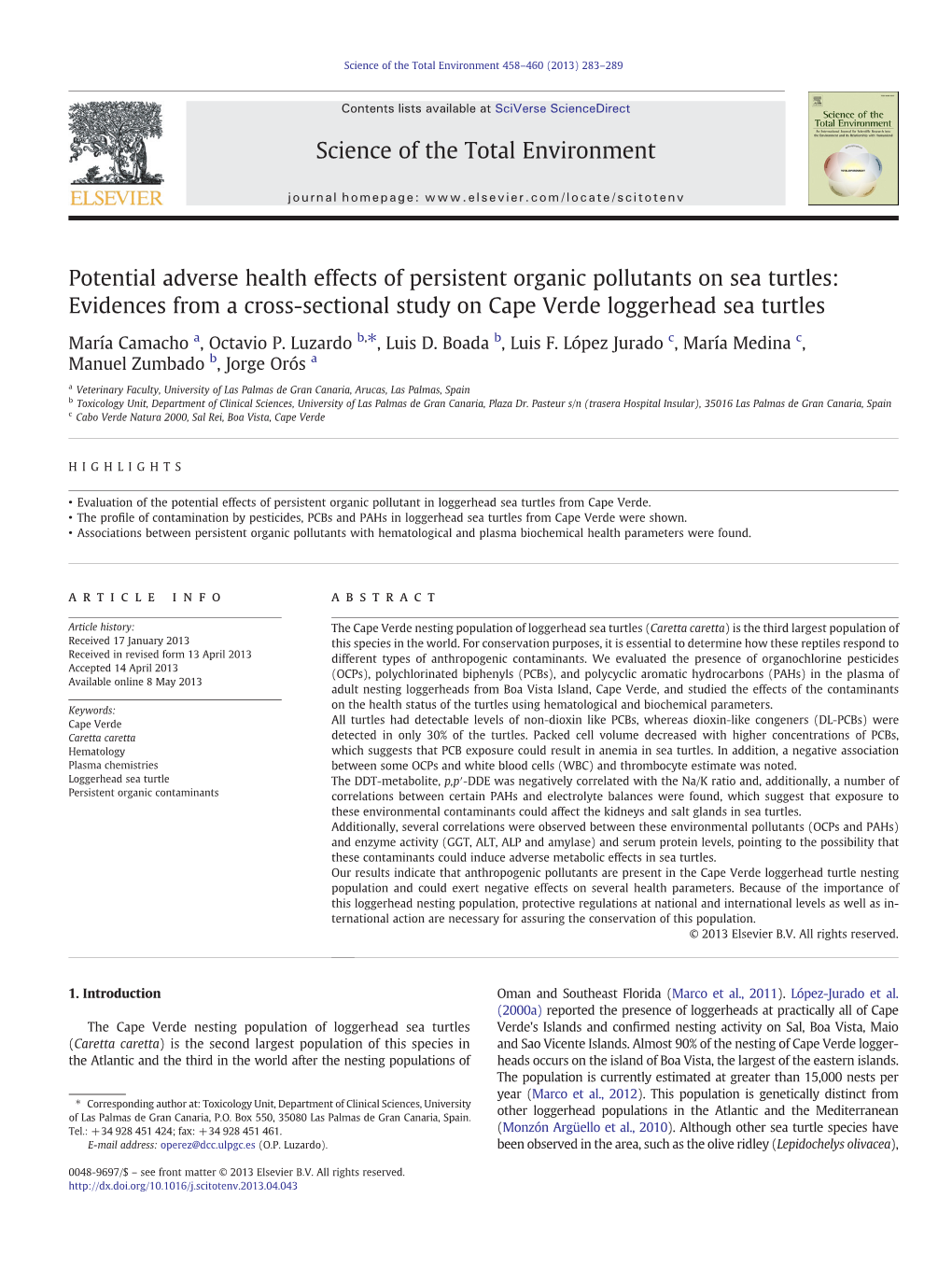 Potential Adverse Health Effects of Persistent Organic Pollutants on Sea Turtles: Evidences from a Cross-Sectional Study on Cape Verde Loggerhead Sea Turtles