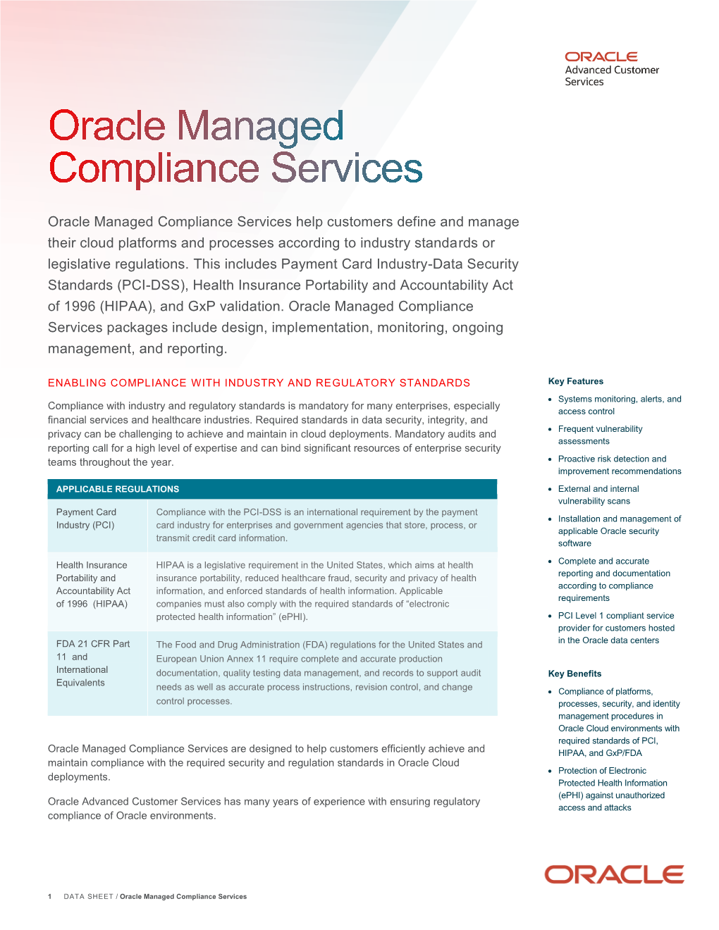 Oracle Managed Compliance Services Help Customers Define and Manage Their Cloud Platforms and Processes According to Industry Standards Or Legislative Regulations