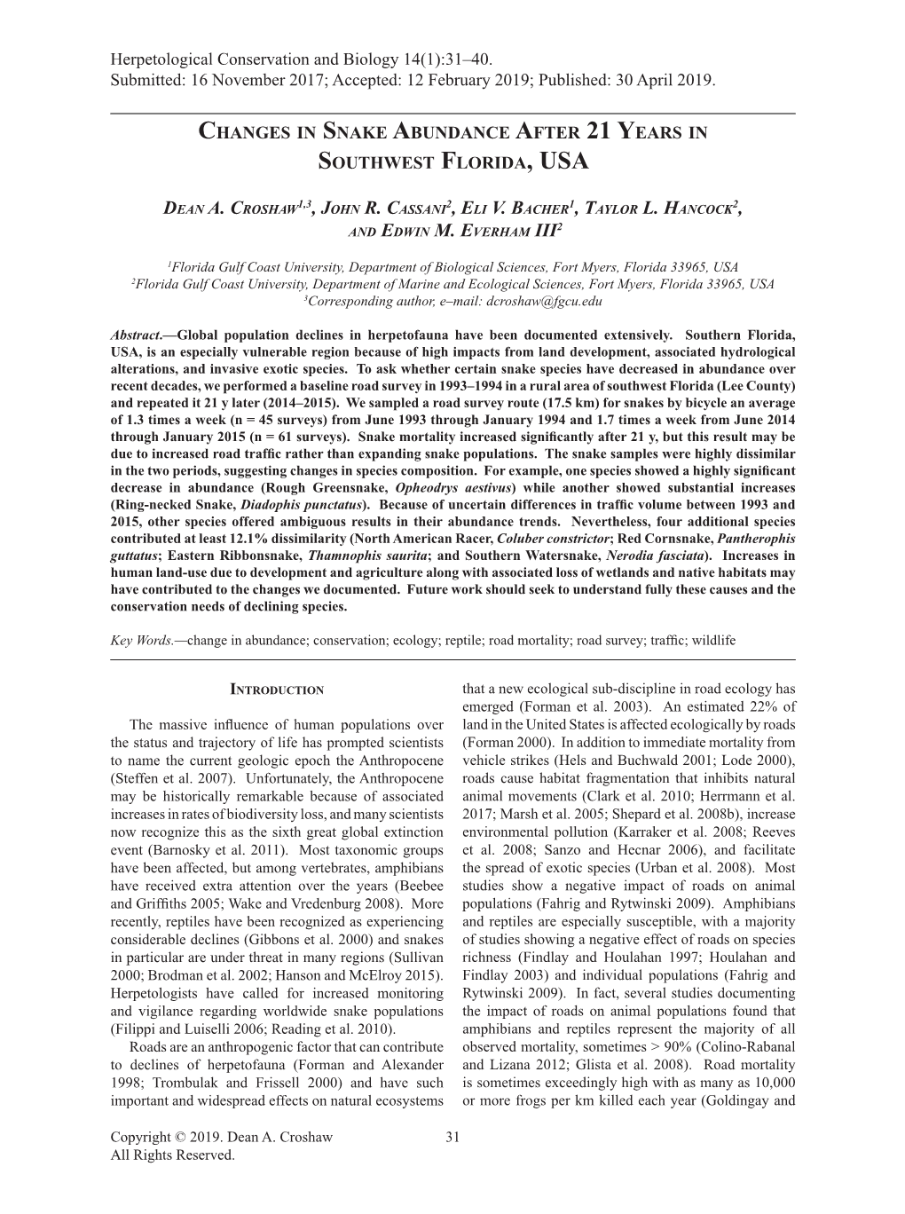 Changes in Snake Abundance After 21 Years in Southwest Florida, USA