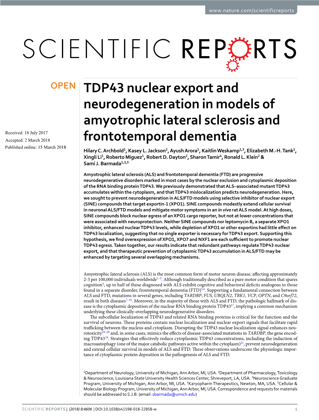TDP43 Nuclear Export and Neurodegeneration in Models of Amyotrophic Lateral Sclerosis and Frontotemporal Dementia