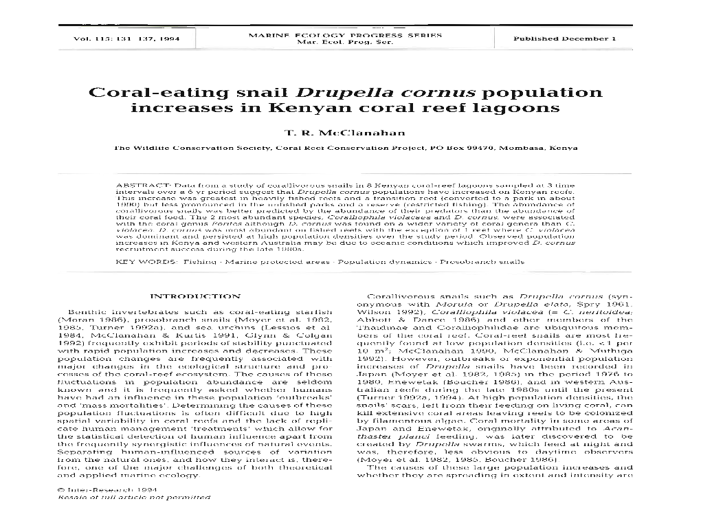 Coral-Eating Snail Drupella Cornus Population Increases in Kenyan Coral Reef Lagoons