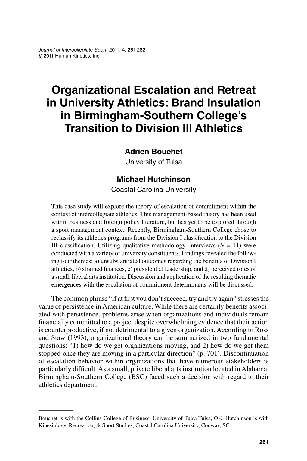 Organizational Escalation and Retreat in University Athletics: Brand Insulation in Birmingham-Southern College’S Transition to Division III Athletics