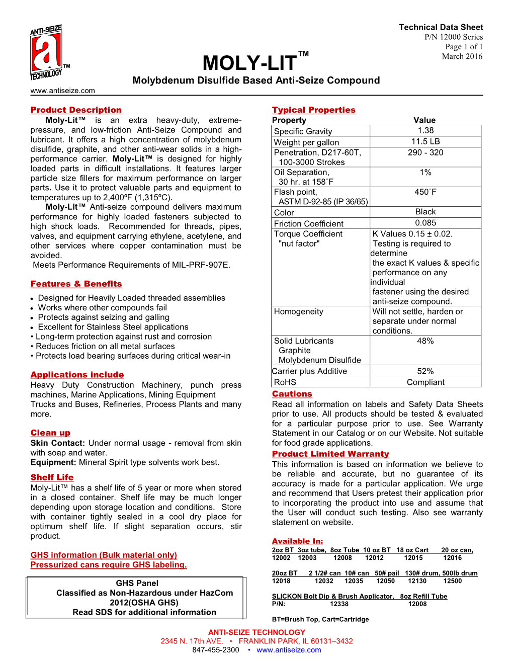 MOLY-LIT™, Molybdenum Disulfide Based Anti-Seize Compound