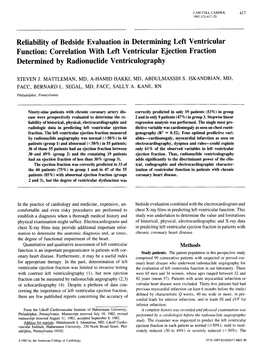 Correlation with Left Ventricular Ejection Fraction Determined by Radionudide Ventriculography