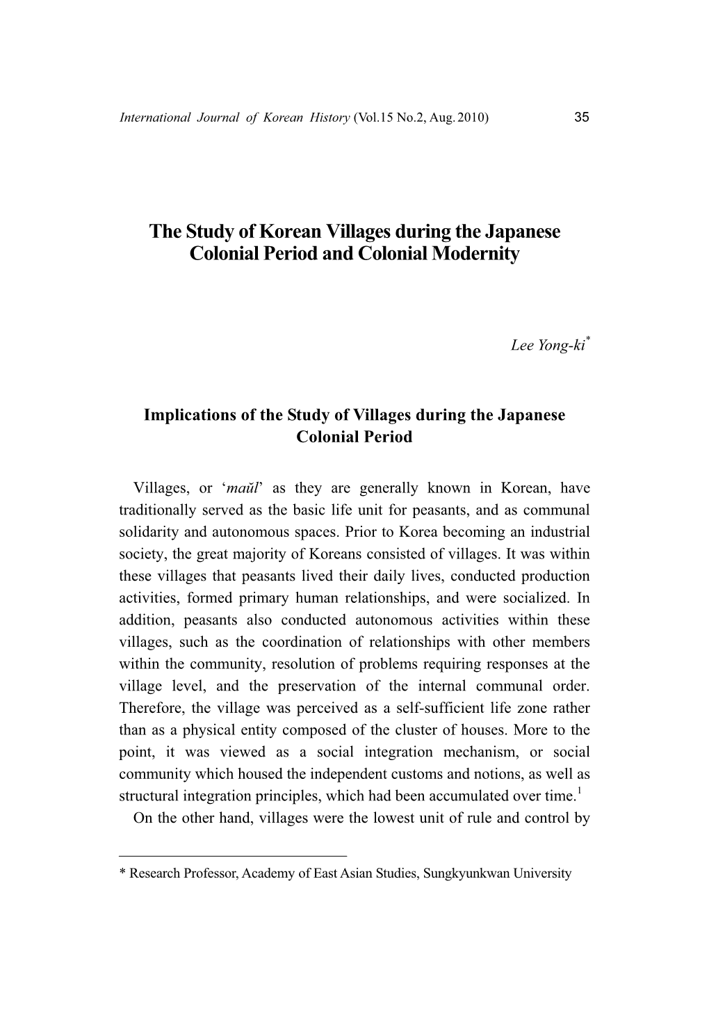 The Study of Korean Villages During the Japanese Colonial Period and Colonial Modernity