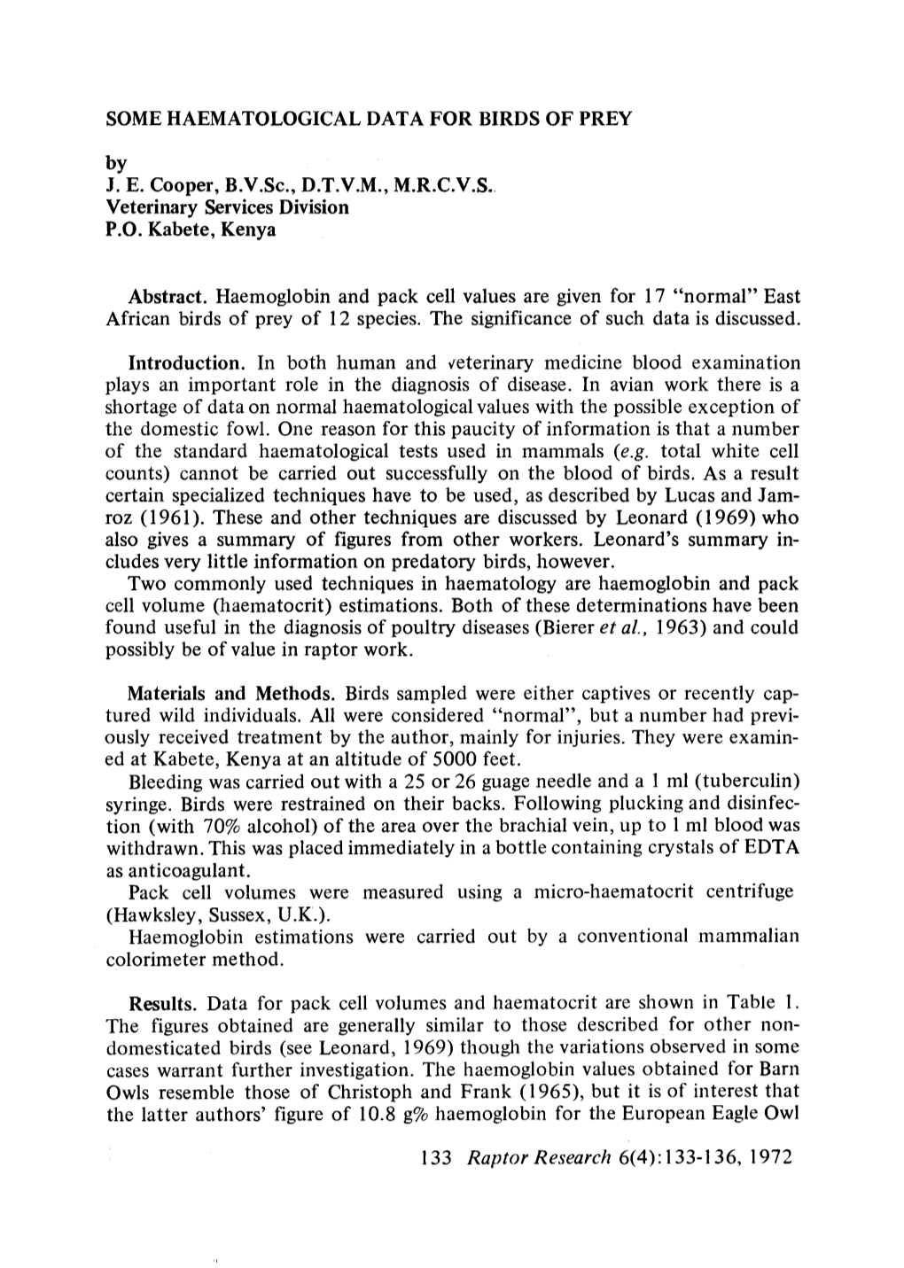 SOME HAEMATOLOGICAL DATA for BIRDS of PREY by J