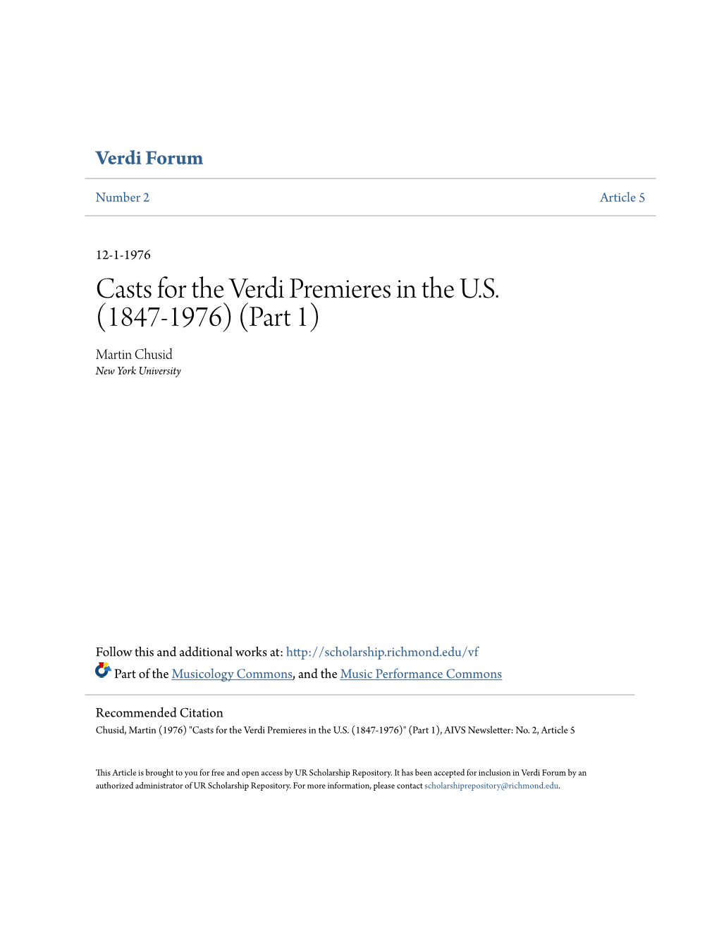 Casts for the Verdi Premieres in the US (1847-1976)