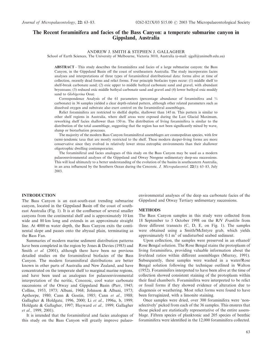 The Recent Foraminifera and Facies of the Bass Canyon: a Temperate Submarine Canyon in Gippsland, Australia