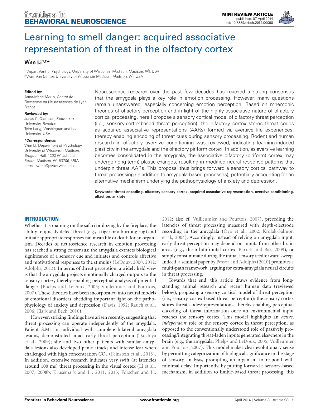 Learning to Smell Danger: Acquired Associative Representation of Threat in the Olfactory Cortex