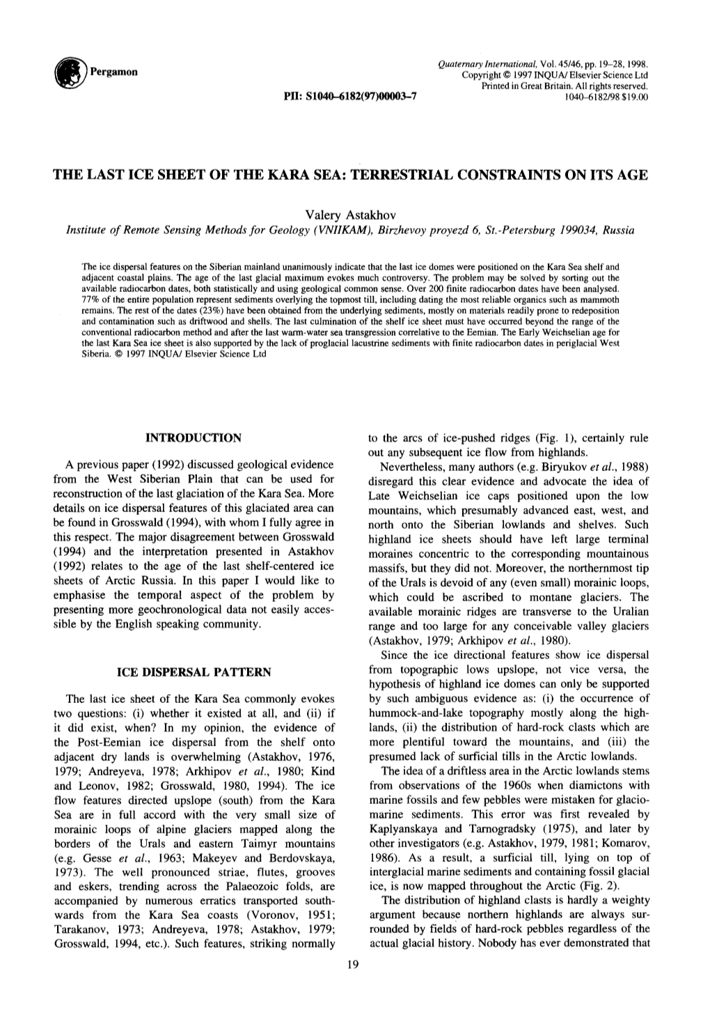 Astakhov, V. 1998. the Last Ice Sheet of the Kara