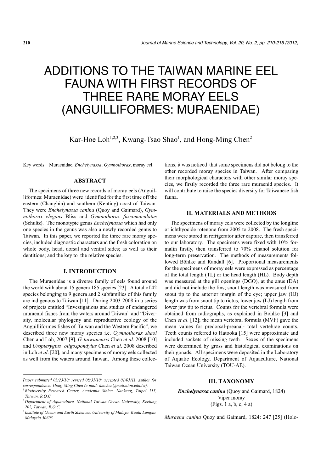 Additions to the Taiwan Marine Eel Fauna with First Records of Three Rare Moray Eels (Anguilliformes: Muraenidae)