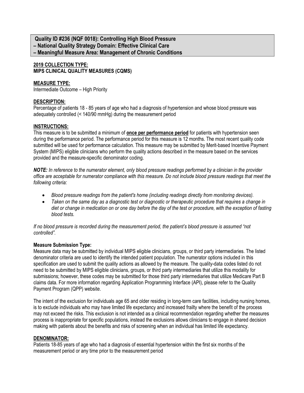 Quality ID #236 (NQF 0018): Controlling High Blood Pressure