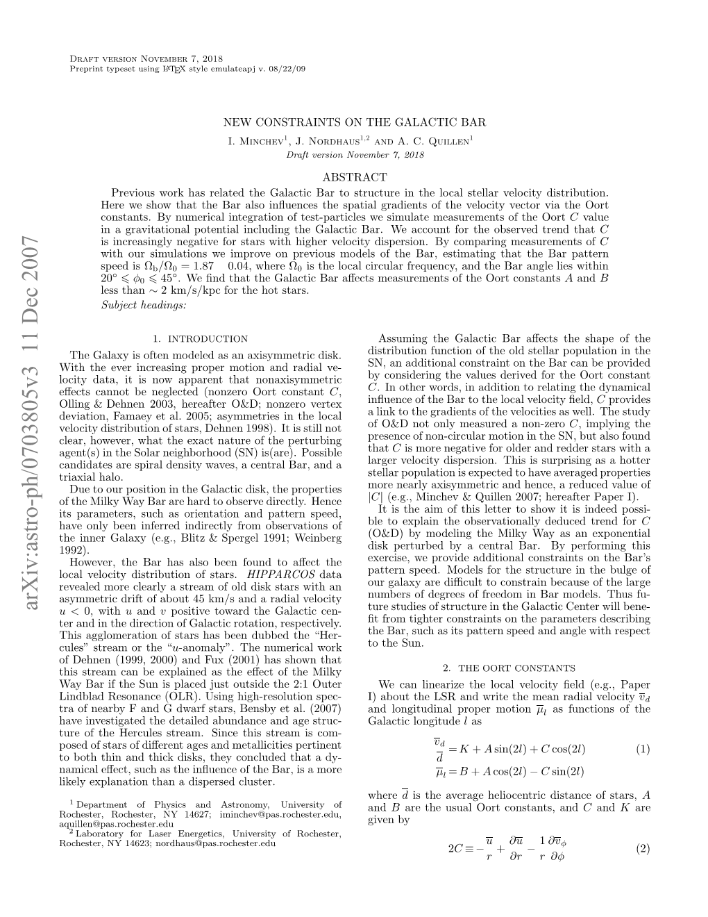 New Constraints on the Galactic Bar I