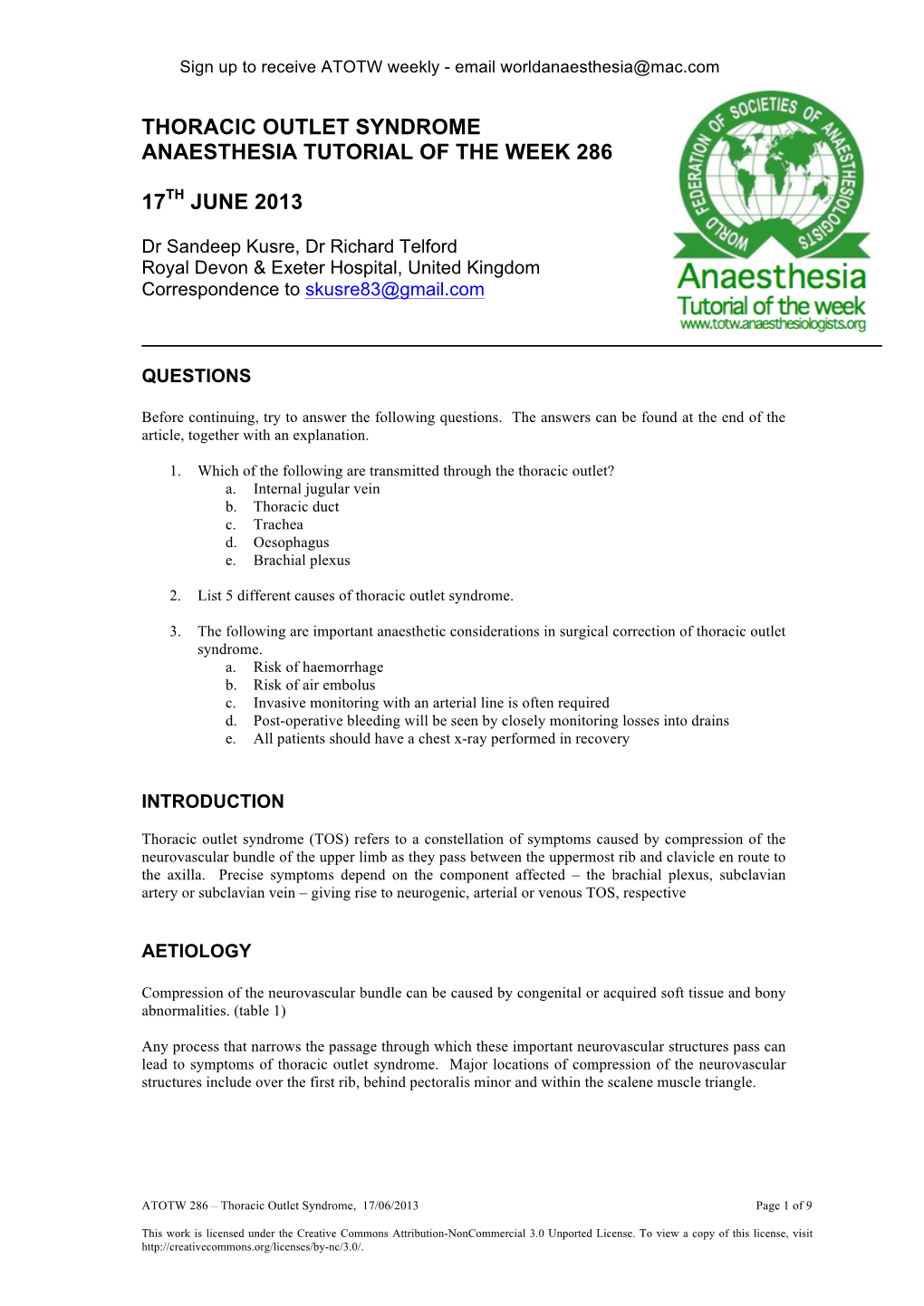 Thoracic Outlet Syndrome Anaesthesia Tutorial of the Week 286