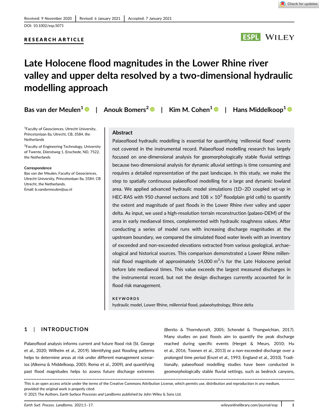 Late Holocene Flood Magnitudes in the Lower Rhine River Valley and Upper Delta Resolved by a Two-Dimensional Hydraulic Modelling Approach