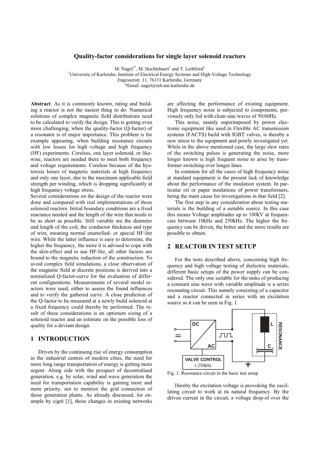 Quality-Factor Considerations for Single Layer Solenoid Reactors