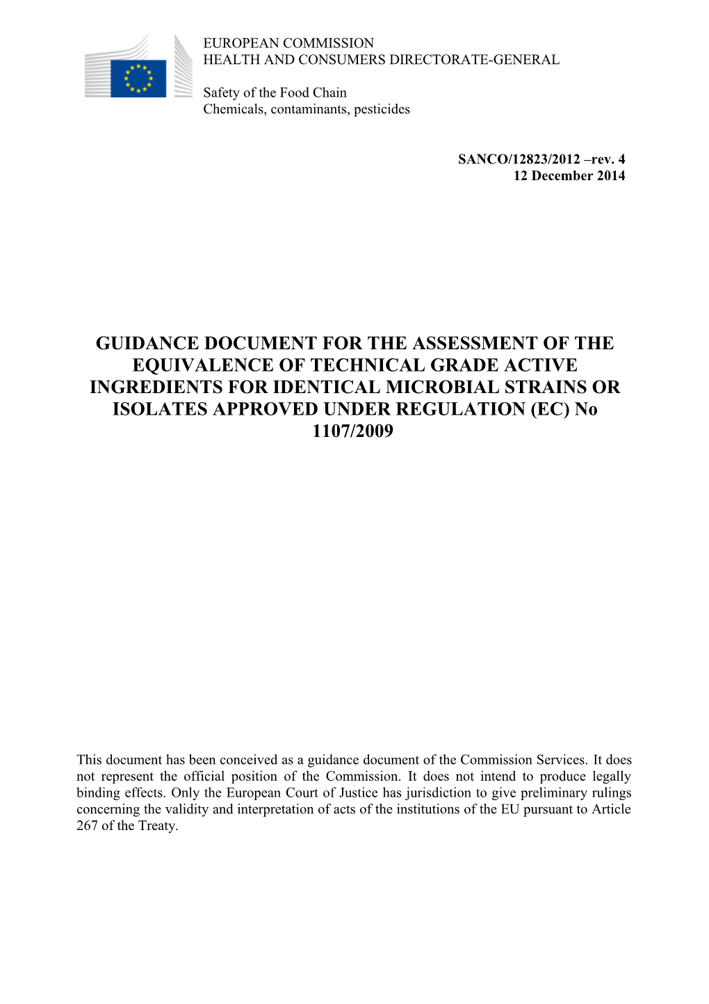 Guidance Document for the Assessment of the Equivalence of Technical Grade Active Ingredients