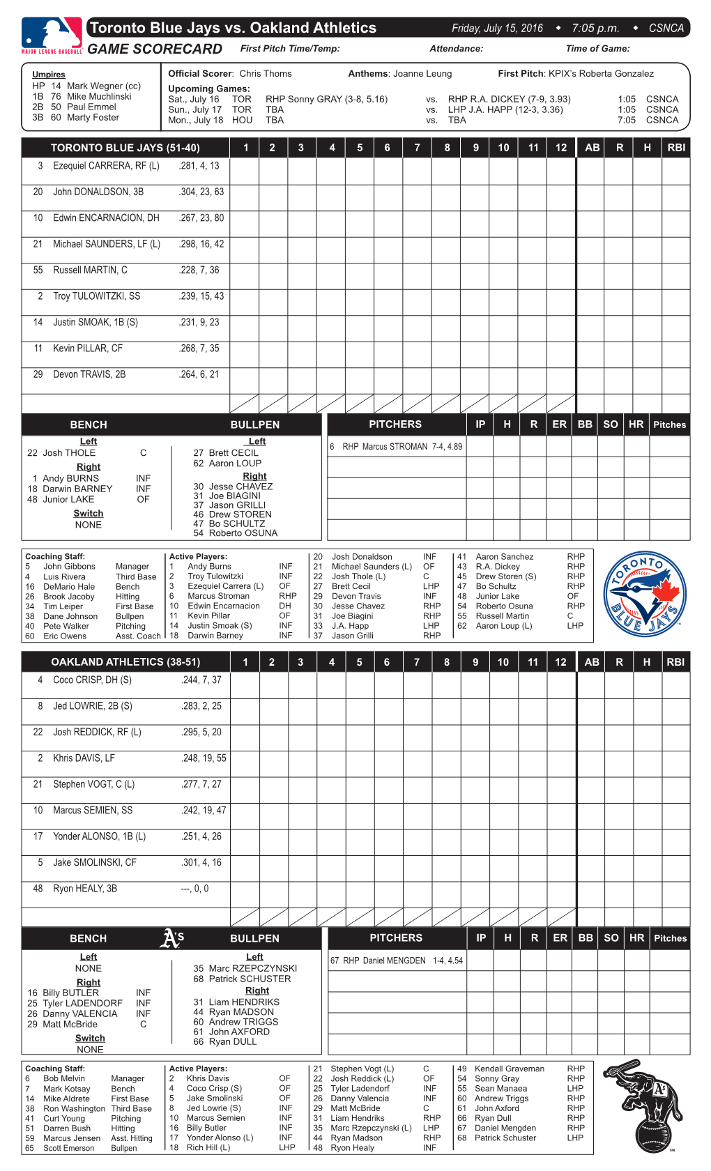 Toronto Blue Jays Vs. Oakland Athletics Friday, July 15, 2016 W 7:05 P.M