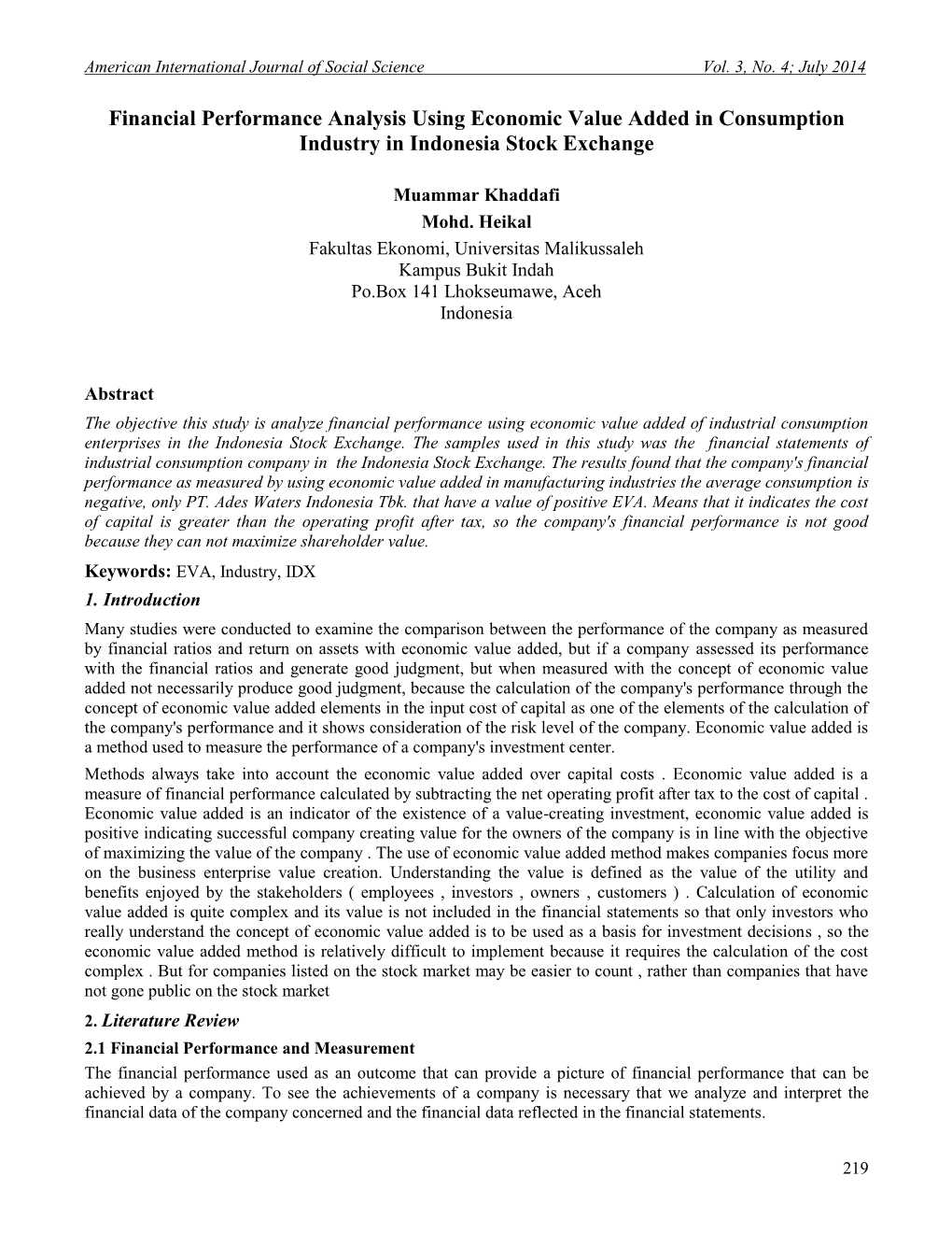 Financial Performance Analysis Using Economic Value Added in Consumption Industry in Indonesia Stock Exchange