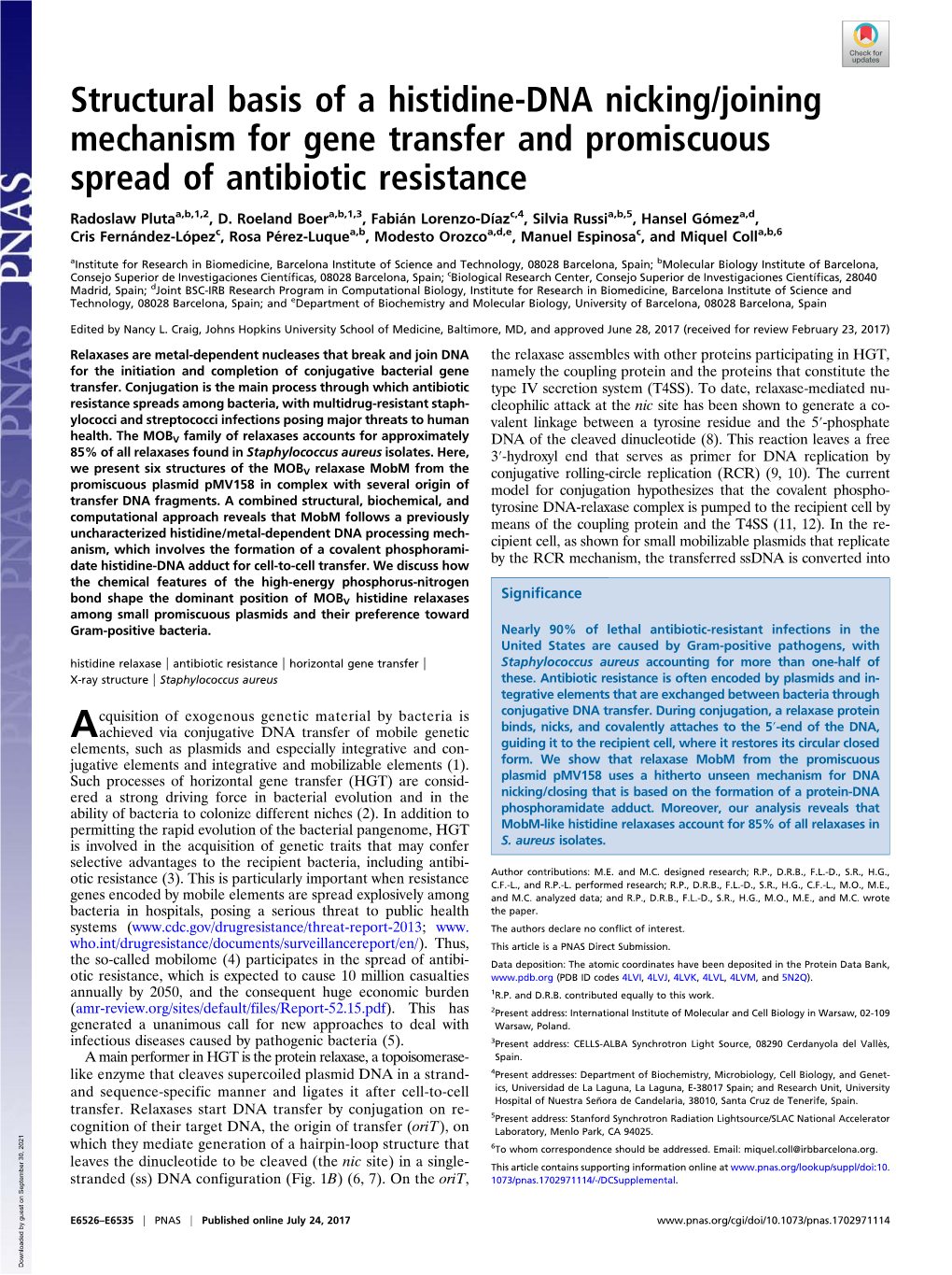 Structural Basis of a Histidine-DNA Nicking/Joining Mechanism for Gene Transfer and Promiscuous Spread of Antibiotic Resistance