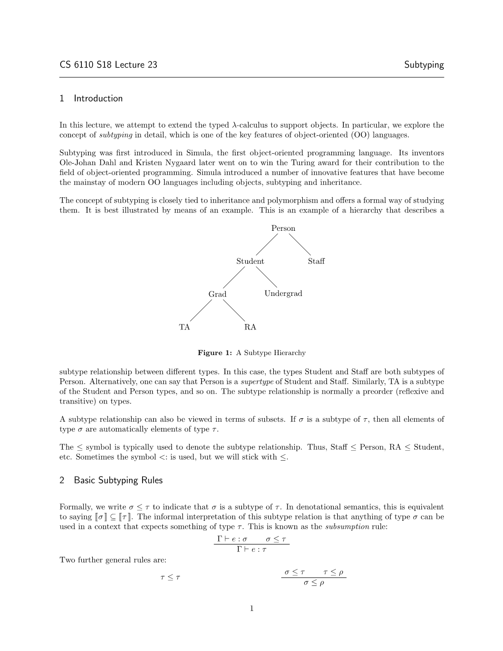 CS 6110 S18 Lecture 23 Subtyping 1 Introduction 2 Basic Subtyping Rules