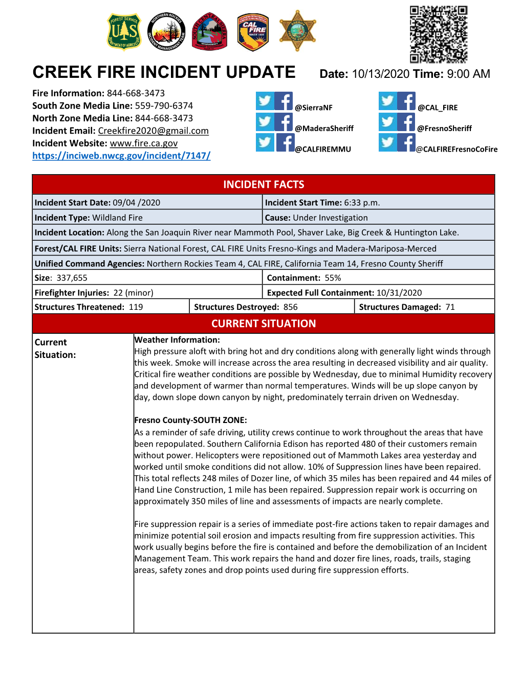 CREEK FIRE INCIDENT UPDATE Date: 10/13/2020 Time: 9:00 AM