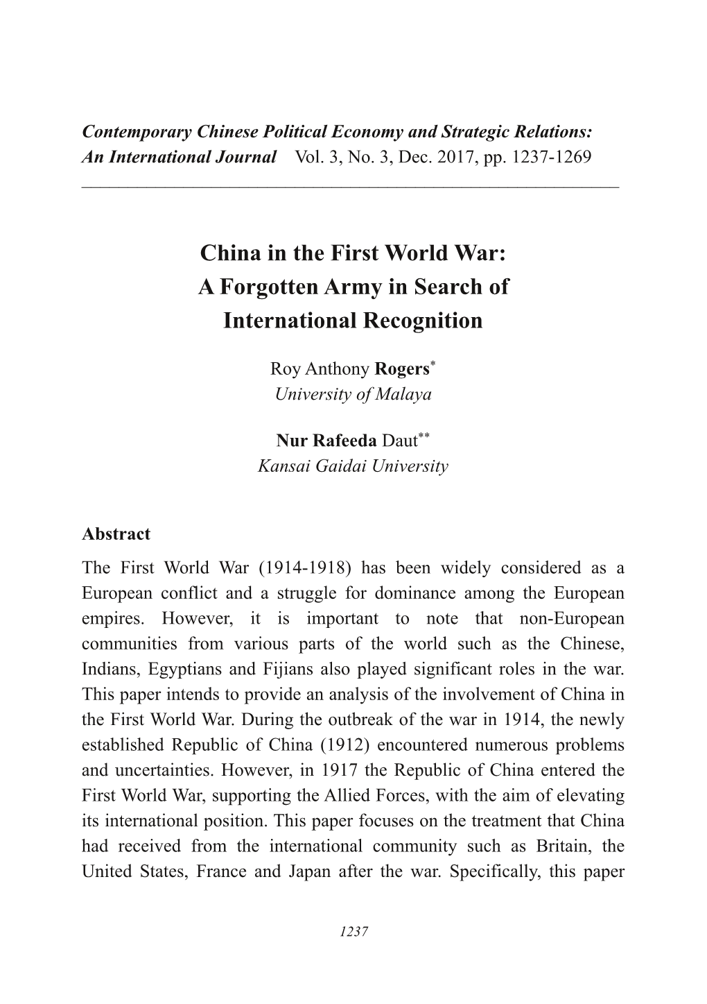 China in the First World War: a Forgotten Army in Search of International Recognition