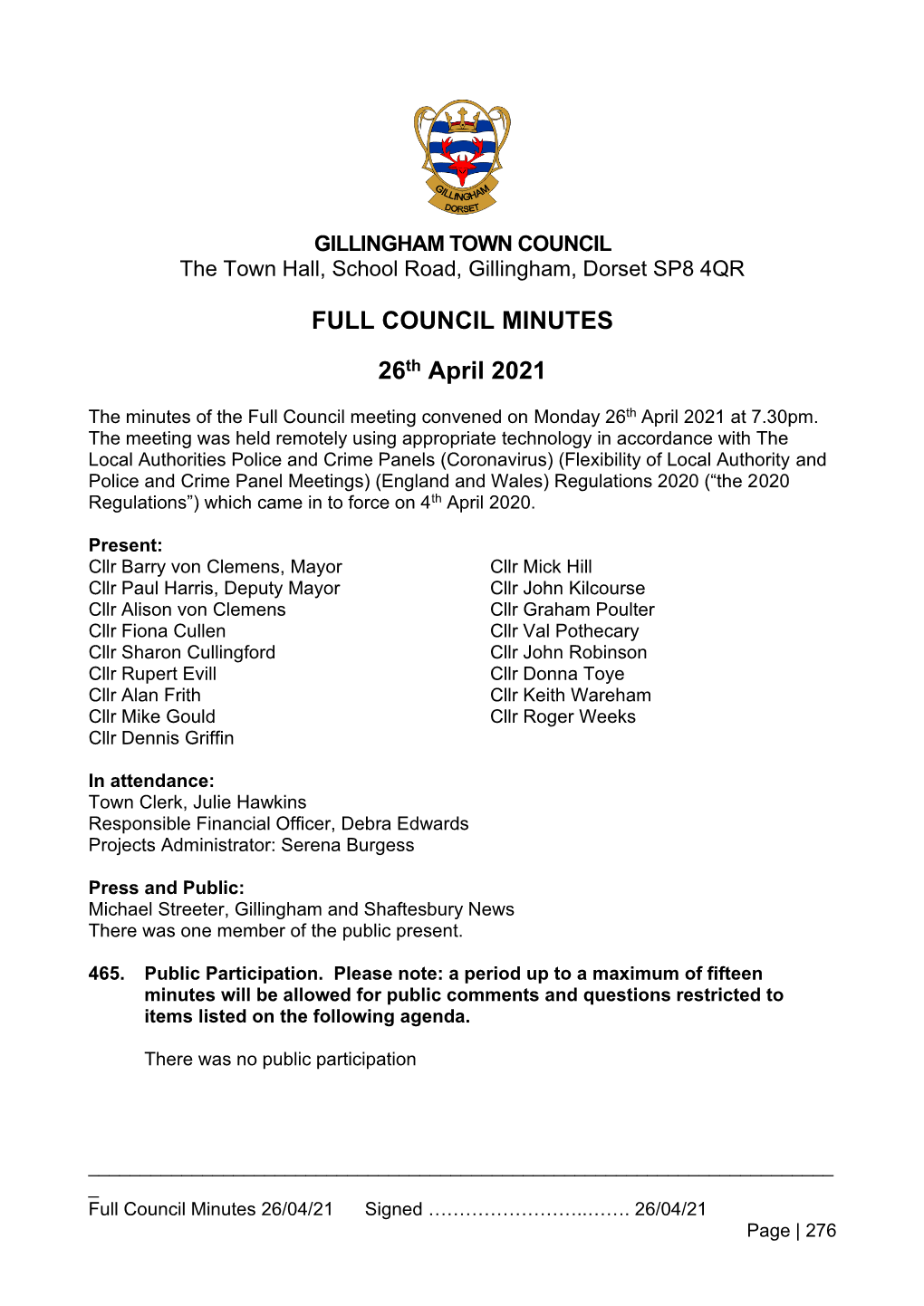 FULL COUNCIL MINUTES 26Th April 2021