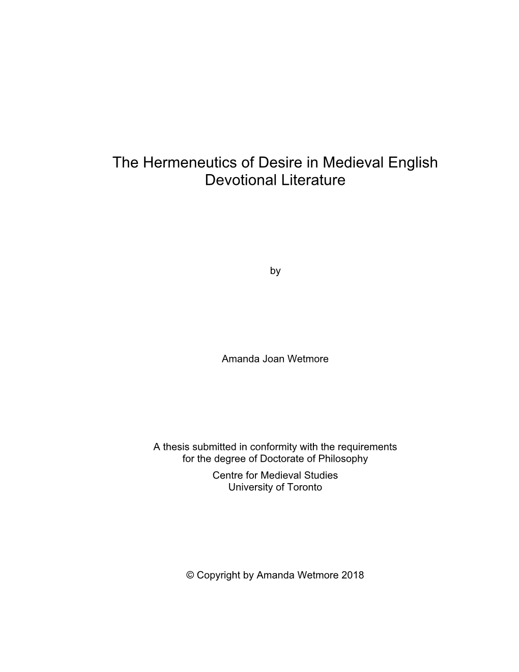 The Hermeneutics of Desire in Medieval English Devotional Literature