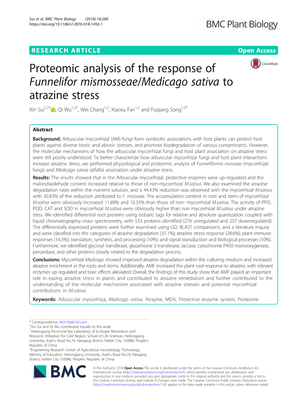 Proteomic Analysis of the Response of Funnelifor Mismosseae/Medicago Sativa to Atrazine Stress Xin Sui1,2† ,Qiwu1,2†, Wei Chang1,2, Xiaoxu Fan1,2 and Fuqiang Song1,2*