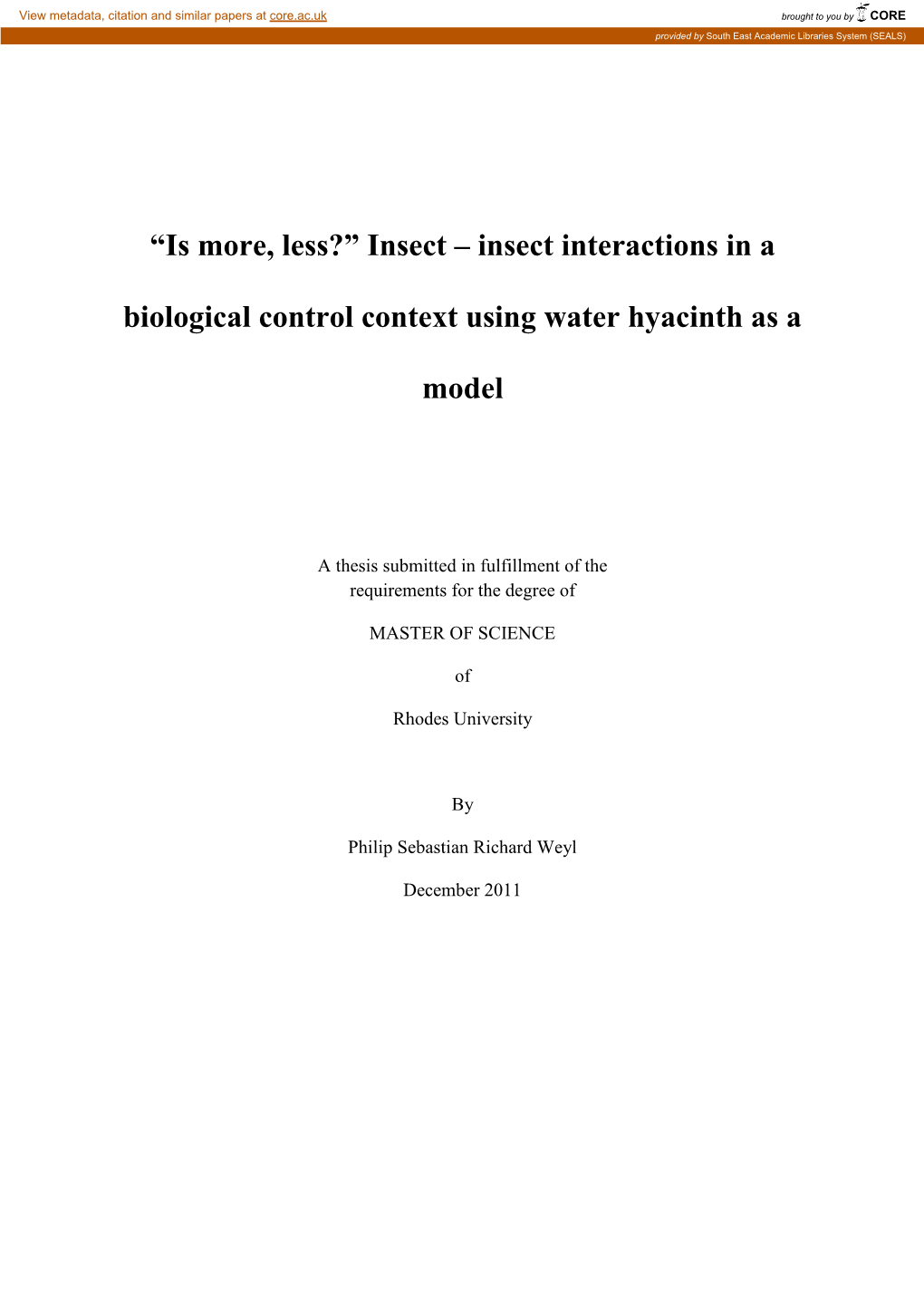 Insect Interactions in a Biological Control Context Using Water Hyacinth