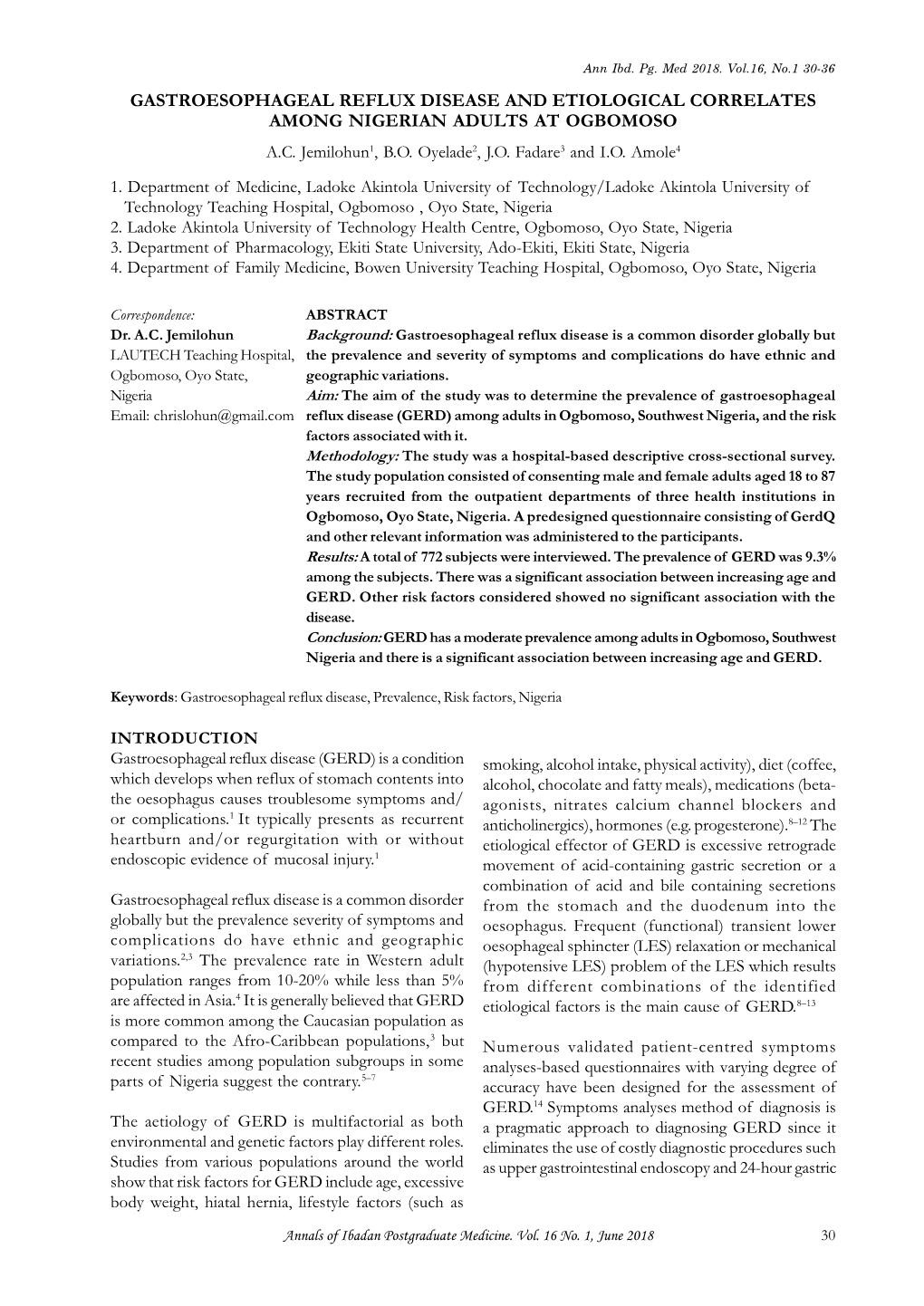 Gastroesophageal Reflux Disease and Etiological Correlates Among Nigerian Adults at Ogbomoso A.C