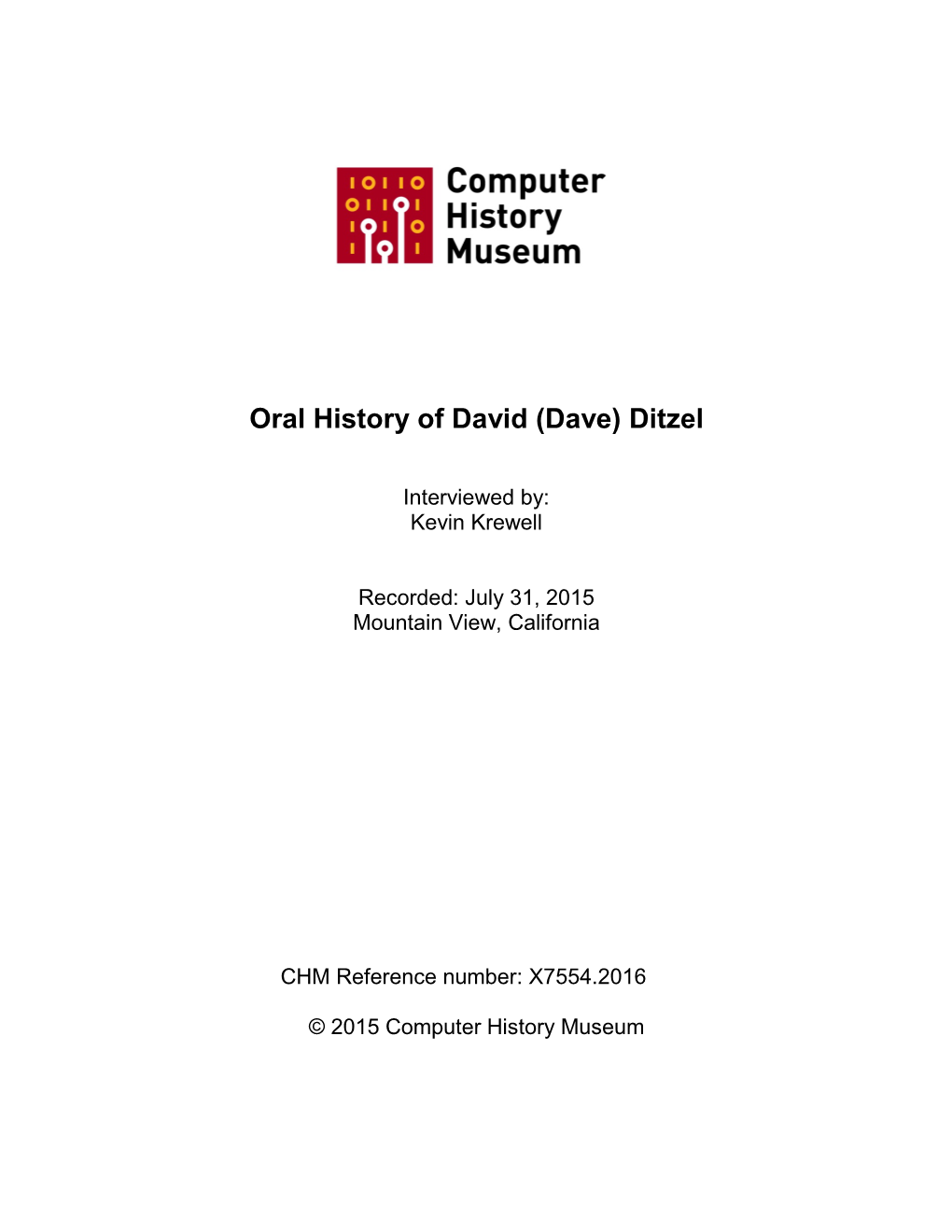 Oral History of David (Dave) Ditzel