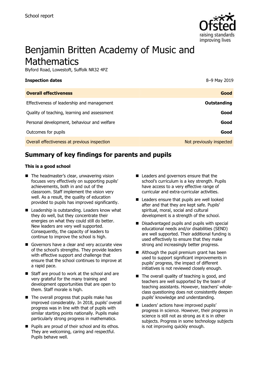 Benjamin Britten Academy of Music and Mathematics Blyford Road, Lowestoft, Suffolk NR32 4PZ